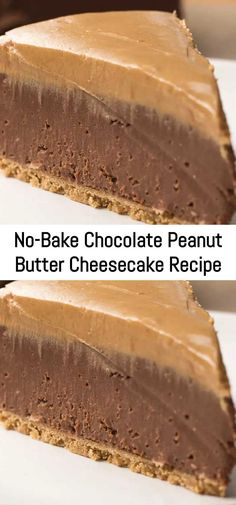 two slices of no - bake chocolate peanut butter cheesecake recipe on white plates