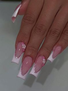 Aesthetic Long Nails Acrylic, Pink Base White French Tip, 18th Bday Nails, Sqaure Nails, Quinceanera Nails, Punk Nails, Formal Nails