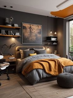 a bedroom with grey walls and yellow accents