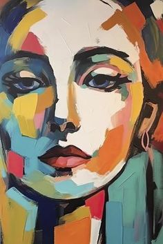 an abstract painting of a woman's face with multicolored lines on it