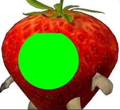 an image of a green circle in the center of a red strawberry with two white legs