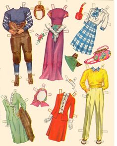 an old fashion paper doll with clothes and accessories