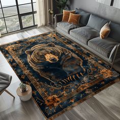 a living room area rug with a large bear on it's side and gold accents