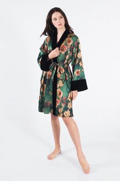 Azumi Green Floral Kimono Robe - Short | KIM+ONO Long Kimono Cardigan, Short Kimono Robe, Elegant Kimono, Plus Size Kimono, Kimono Robes, Silk Kimono Robe, Kimono Wrap, Floral Robes, Short Kimono