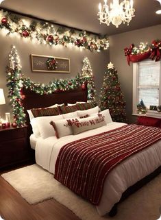 a bedroom decorated for christmas with lights and garlands on the wall above the bed