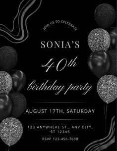 a black and silver birthday party with balloons in the middle, on a black background