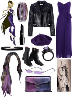 an assortment of clothing and accessories including a woman's dress, boots, bracelets, purse