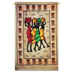 an embroidered wall hanging with two women carrying baskets