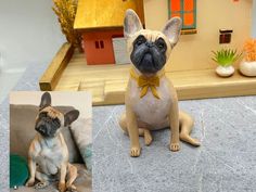 there is a dog that is sitting on the floor next to a doll house and an image of a pug