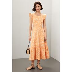 Orange with a print cotton dress (97% Cotton, 3% Spandex). Casual style. Cap sleeves. Crew neck. Pull-on closure. 49.5" from shoulder to hemline. Imported. Fitted Cotton Midi Dress With Flutter Sleeves, Casual Cotton Midi Dress With Flutter Sleeves, Elegant Printed Cotton Midi Dress, Printed Flutter Sleeve Dresses, Cotton Midi Dress With Flutter Sleeves For Brunch, Chic Printed Cotton Midi Dress, Chic Cotton Dresses With Printed Details, Chic Printed Cotton Dresses, Chic Cotton Printed Dresses