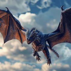 a large black dragon flying through the air with clouds in the backgroung