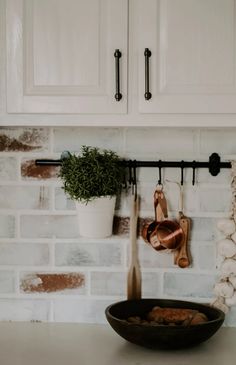 a kitchen counter with pots and pans hanging on the wall above it is a potted plant