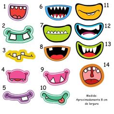 an image of different colored monster masks with teeth and fangs on it's faces