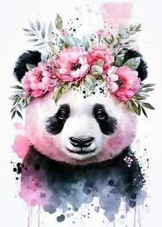 a panda bear with flowers on its head and watercolor paint splatters around it