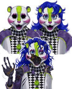 two clowns with blue hair and green eyes, one wearing a purple wig and the other in black and white checkered clothing