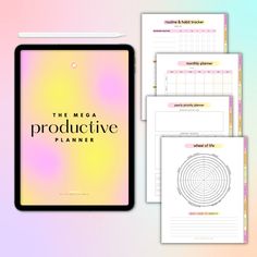 the mega productive planner is displayed on top of a tablet and next to it's contents