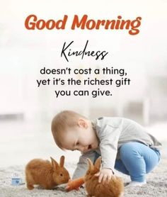 a baby is playing with two rabbits on the ground, and it says good morning kindness doesn't cost a thing, yet it's the richest gift you can give