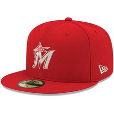 Highlight your loyalty to the Miami Marlins by grabbing this Logo 59FIFTY fitted hat from New Era. It features a unique color design with bold Miami Marlins graphics embroidered on the crown. This cap will be the perfect addition to any ensemble. Material: 100% Polyester Fitted Officially licensed Six panels with eyelets Flat bill with ability to curve Surface washable Brand: New Era Contrast-color undervisor High Crown Imported MLB Batterman on back Embroidered graphics with raised details One Red Fitted Cap For Fan Gear, Red Flat Bill Hats For Fan Gear, Red Flat Brim Fitted Hat For Fan Gear, Red Flat Brim Hat For Fan Gear, Red Adjustable Baseball Cap, Red Fitted Hat With Curved Brim For Sports, Red Cap For Fan Gear, Red Hats For Fan Gear, One Size Fits Most, Fan Gear Cap Hat