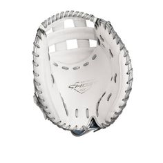 a catchers mitt that is white and has grey stitching on the inside