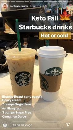 two starbucks drinks sitting next to each other on a table