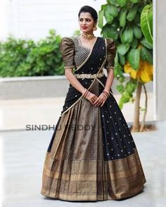 Pattu Langa Blouse Designs For Women, Modern Half Saree Designs, Half Saree Draping Ideas, Dresses From Saree Ideas, Modern Blouse Designs For Lehenga, Pattu Half Saree Blouse Designs, Modern Blouse Designs Saree, Lehanga Blouses Modern