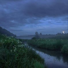 a river running through a lush green field under a cloudy sky at night with the moon in the distance