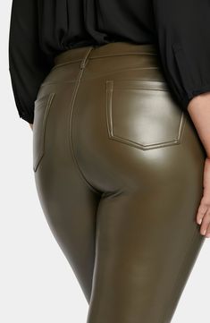 Faux-leather pants create a streamlined silhouette and feature exclusive lift-tuck technology to help smooth the tummy and lift the rear. 32" inseam; 17" leg opening; 11 1/2" front rise; 18 1/2" back rise 88% polyester, 12% elastane Dry clean or machine wash, line dry Imported Faux Leather Straight Leg Pants, Olive Style, Faux Leather Pants, Cross Designs, Petite Outfits, Straight Pants, Straight Leg Pants, Plus Clothing, Leg Pants