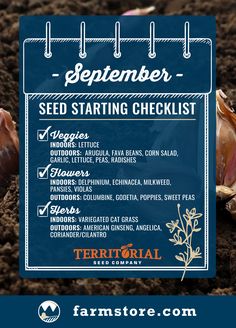 a seed starting checklist is posted on a sign in the dirt with clumps around it