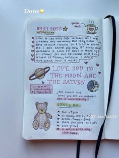 an open notebook with writing on it and pictures of teddy bears in space around the page