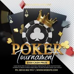 poker tournament flyer with gold crown and playing cards