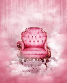 a pink chair sitting on top of a brick floor in the middle of some clouds