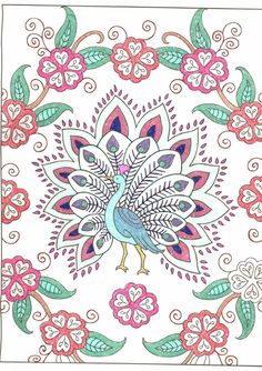 a coloring book page with an image of a peacock in the middle of flowers and leaves