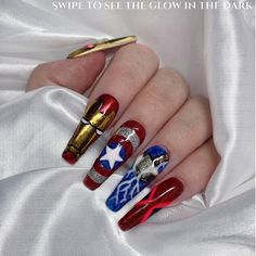 Avengers Acrylic Nails, Captain America Nails Designs, Marvel Nail Art Avengers, Thor Nails Designs, Thor Nail Art, Marvel Theme Nails, Avengers Nails Designs, Iron Man Nail Art, Iron Man Nails Designs