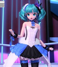 a girl in a cosplay outfit with blue hair and black gloves standing on a stage