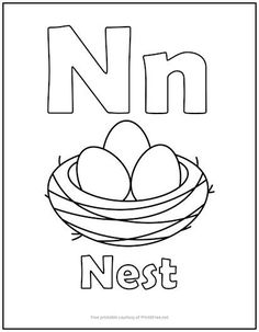 the letter n is for nest coloring page with an image of eggs in a nest