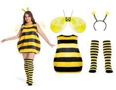 a woman dressed in a bee costume next to some costumes and headbands for halloween