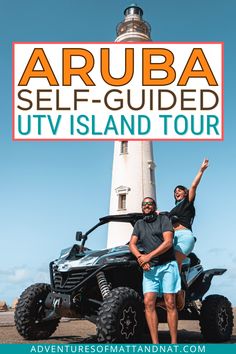 two people standing in front of an atv with the words aruba self - guided utv island tour