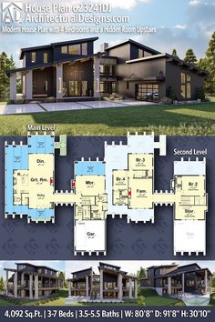 two story house plan with 3 bedroom and 2 bathrooms in the front, three car garage on