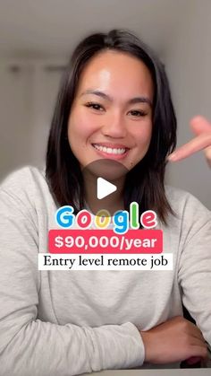 a woman is smiling and pointing at the camera with google $ 90, 000 / year sign on her shirt