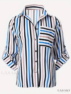 Lasaky - Versatile Womens Striped Color Block Shirt with Button Front and Casual Collar – Modern Wardrobe Essential Casual Multicolor Office Shirt, Casual Multicolor Tops For Office, Color Block Shirts, Modern Wardrobe, Sleeve Detail, Autumn Summer, Summer Fall, Wardrobe Essentials, Color Block