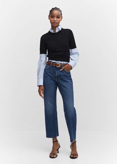 Straight-fit cropped jeans - Women | Mango USA Cropped Jeans Outfit, Quilted Anorak, Crop Design, Cropped Denim Pants, Moda Denim, Womens Cropped Jeans, Womens Office, Mango Jeans