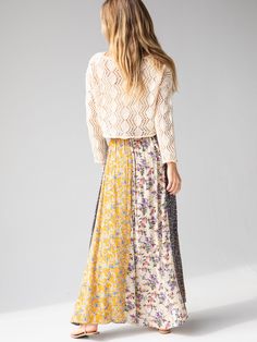 Mixed Prints, Print Maxi Skirt, Summer Sweater, Sweater Layering, Summer Sweaters, Unique Top, Printed Maxi Skirts, Yellow Cream, Open Knit Sweater