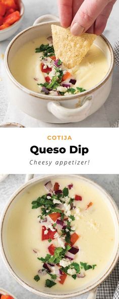 two pictures showing the process to make quesadilla soup with tortilla chips