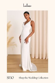 Saying ""I do"" while wearing the Lulus Polished Perfection White Satin Sleeveless Mermaid Maxi Dress is the best way to start your happily ever after! Composed of luxurious woven satin, this glamorous dress has plenty of flattering details, including the slender tank straps, a princess-seamed bodice, and an always flirty V-neck and back. The fitted waist tops a figure-skimming skirt that boasts a mermaid-style silhouette as it cascades down to a maxi hem with a dramatic train at the back. Hidde Maxi Dress Satin, Glamorous Dress, Mermaid Maxi Dress, Dress With Train, Lulu Fashion, Glamorous Dresses, Mermaid Style, Dress Satin, Mermaid Fashion