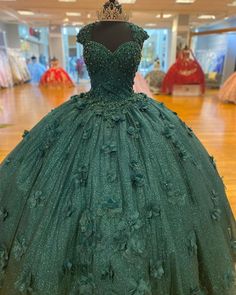 Green Princess Ball Gown Quinceanera Dresses Sweet 15 Party 3D Flowers Lace Applique Crystal Beads Sequin Birthday Gown Green Ball Gown For Sweet 16 Quinceanera, Green Princess Quinceanera Dress For Party, Green Tulle Quinceanera Dress For Party, Embellished Ball Gown For Sweet 16, Sweet 16 Embellished Ball Gown, Embellished Green Ball Gown For Pageant, Embellished Green Ball Gown For Pageants, Green Floor-length Quinceanera Party Dress, Embellished Princess Style Quinceanera Dress