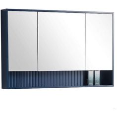 a white and blue bathroom cabinet with mirrors