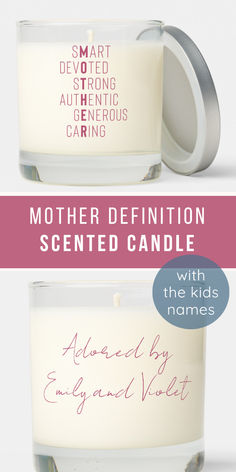 two candles with the words mother definition and scented candle written in pink ink on them