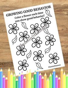 a coloring page with the words growing good behavior and four flowered leaves on it