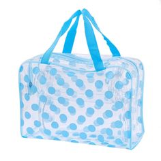 a clear bag with blue polka dots on it