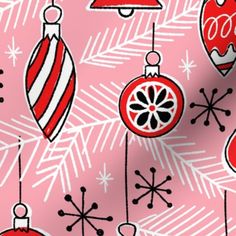 red and white christmas ornaments on pink background